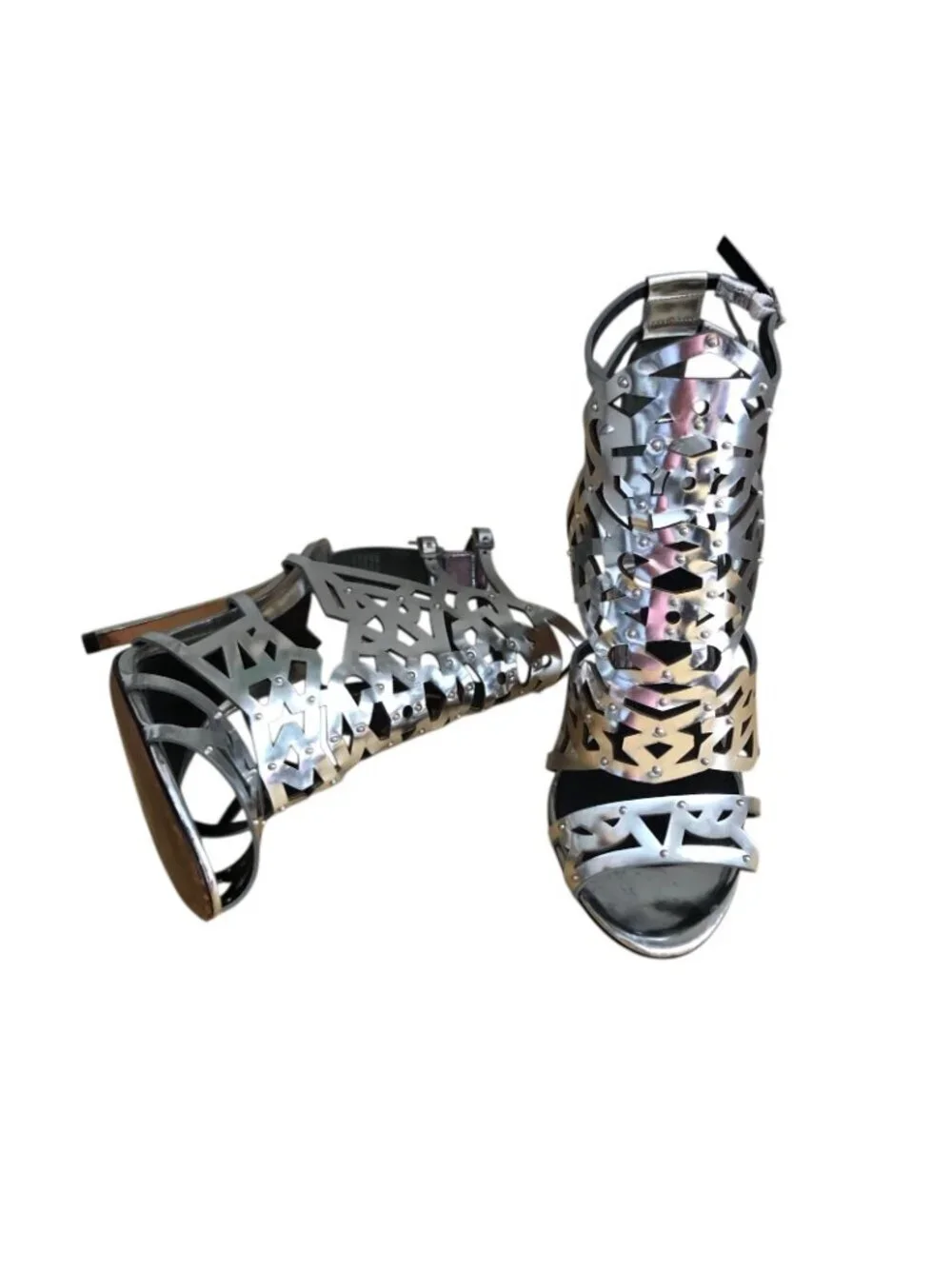 Brian Atwood Laconica Silver Heeled Sandals Women's size 8 EU 38.5 Ankle Strap